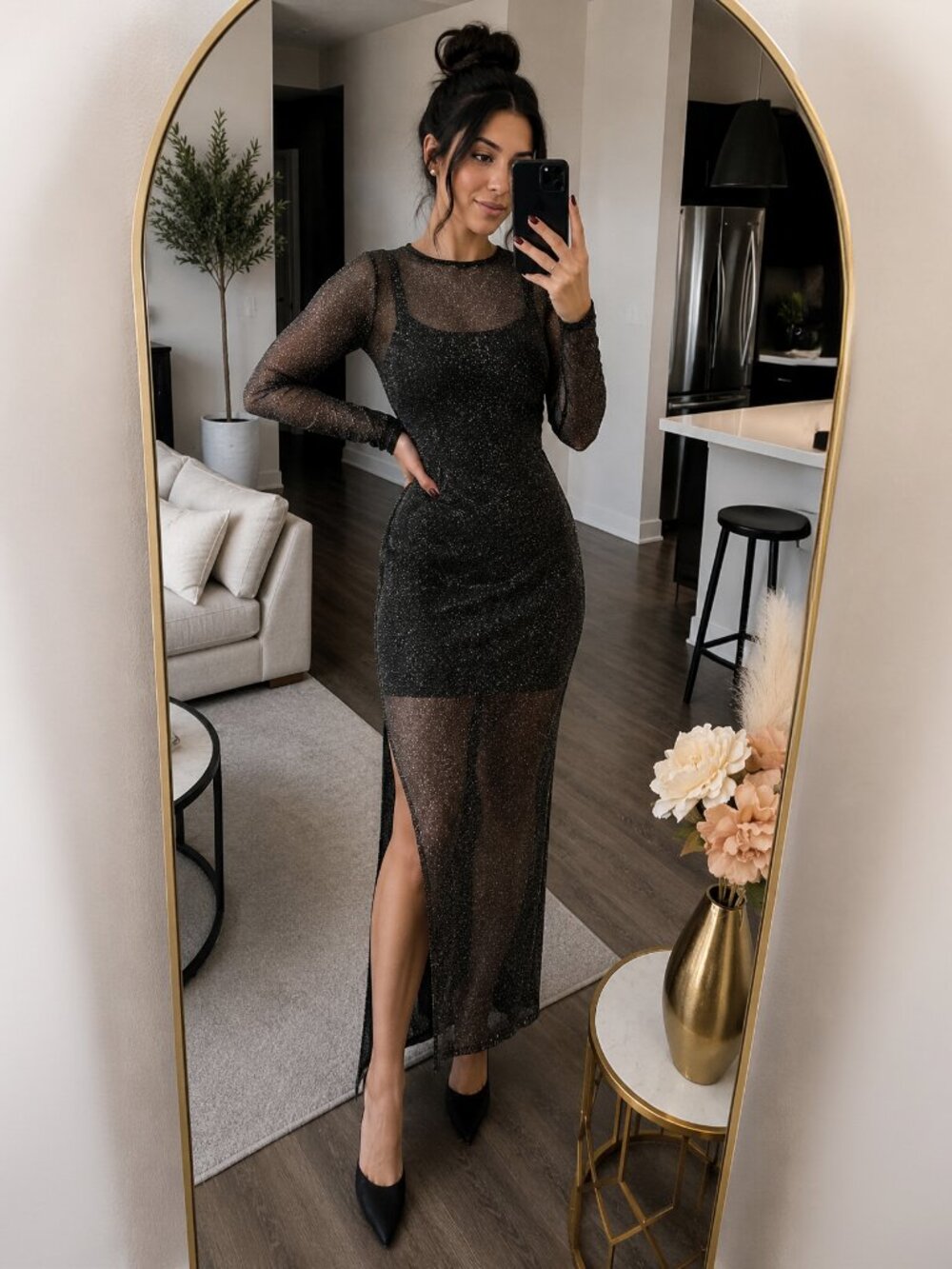 Black Glitter Sheer Mesh Maxi Dress Long Sleeve